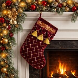 Velvet Christmas Stocking Burgundy and Gold with Pearl Accents